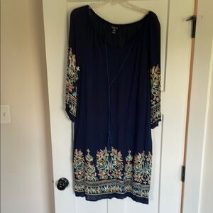 Blue Pink Embellished 3/4 Sleeve Midi Tunic Dress